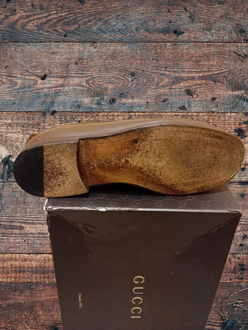 Gucci Tan Leather Loafers with Green and Red Stripe and Gold Hardware